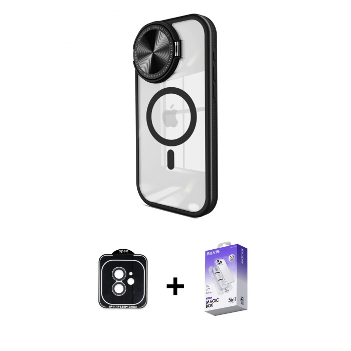 MARSİLYAN™- iPhone 11 Kılıf Kıvılcım Modern Koleksiyonu - Siyah Bilvis 5in1 3D Magic Cam Ekran Koruyucu + Siyah PVD Metal Kamera Lens