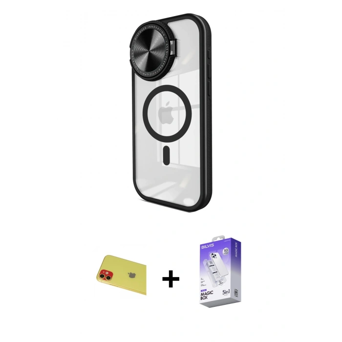 MARSİLYAN™- iPhone 11 Kılıf Kıvılcım Modern Koleksiyonu - Siyah Bilvis 5in1 3D Magic Cam Ekran Koruyucu + Rainbow Kamera Lens Koruma Cam - KI