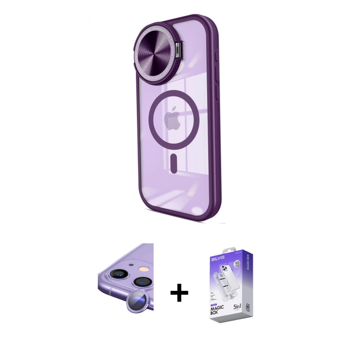 MARSİLYAN™- iPhone 11 Kılıf Kıvılcım Modern Koleksiyonu - Siyah Bilvis 5in1 3D Magic Cam Ekran Koruyucu + Mor Raze Metal Kamera Lens