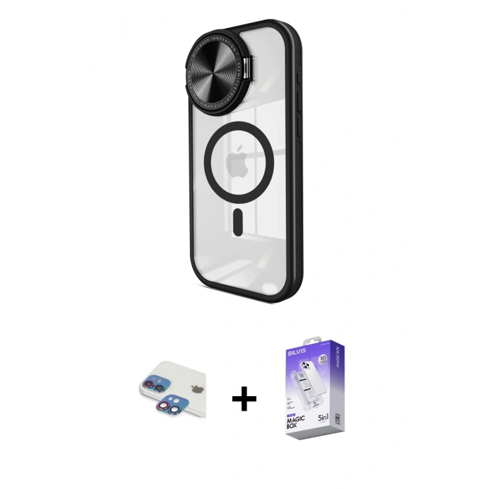 MARSİLYAN™- iPhone 11 Kılıf Kıvılcım Modern Koleksiyonu - Siyah Bilvis 5in1 3D Magic Cam Ekran Koruyucu + Pers Alüminyum Kamera Lens - GI
