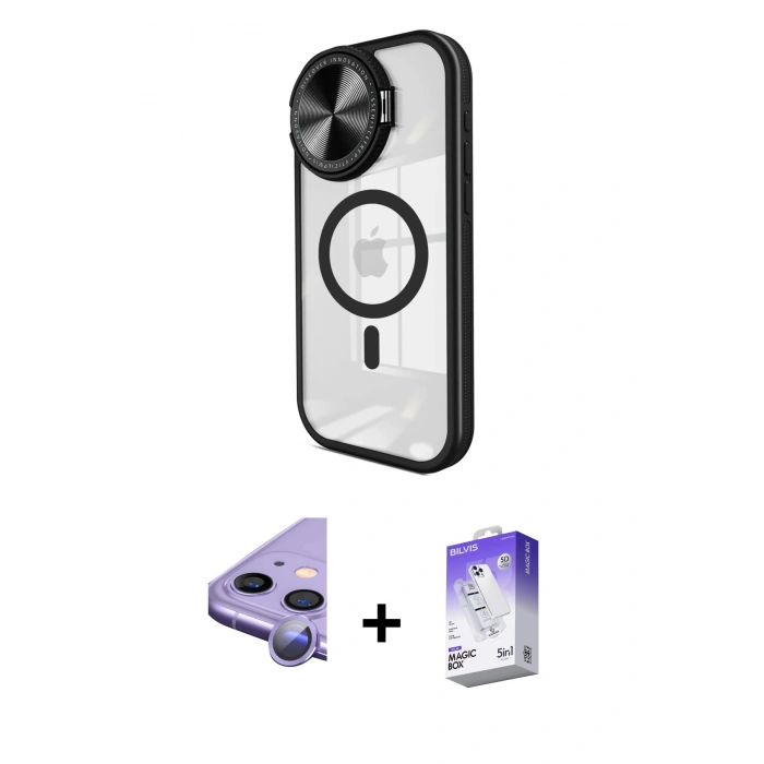 MARSİLYAN™- iPhone 11 Kılıf Kıvılcım Modern Koleksiyonu - Siyah Bilvis 5in1 3D Magic Cam Ekran Koruyucu + Mor Raze Metal Kamera Lens