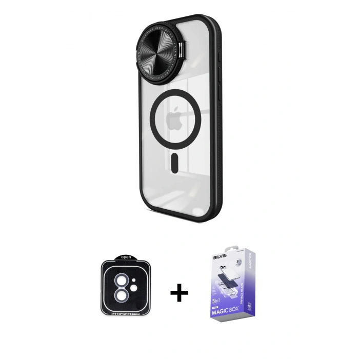 MARSİLYAN™- iPhone 11 Kılıf Kıvılcım Modern Koleksiyonu - Siyah Bilvis 5in1 5D Magic Hayalet Cam Ekran Koruyucu + PVD Metal Kamera Lens - MI