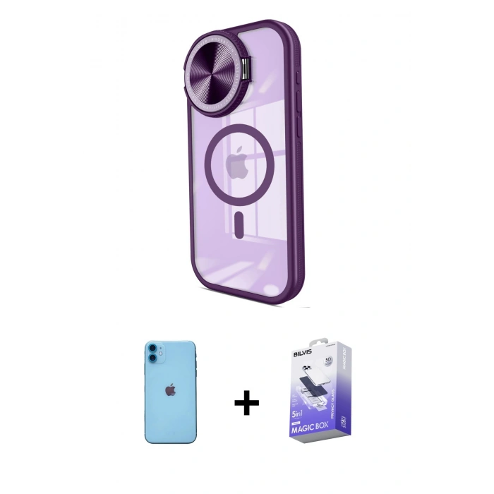 MARSİLYAN™- iPhone 11 Kılıf Kıvılcım Modern Koleksiyonu - Siyah Bilvis 5in1 5D Magic Hayalet Cam Ekran Koruyucu + Neon Fosforlu Kamera Lens - MI