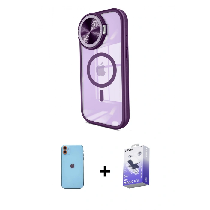 MARSİLYAN™- iPhone 11 Kılıf Kıvılcım Modern Koleksiyonu - Siyah Bilvis 5in1 5D Magic Hayalet Cam Ekran Koruyucu + Turuncu Neon Fosforlu Kamera Lens