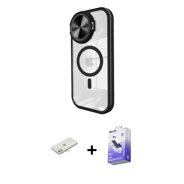 MARSİLYAN™- iPhone 11 Kılıf Kıvılcım Modern Koleksiyonu - Siyah Bilvis 5in1 5D Magic Hayalet Cam Ekran Koruyucu + Renkli Kamera Lens Koruma Cam - SI