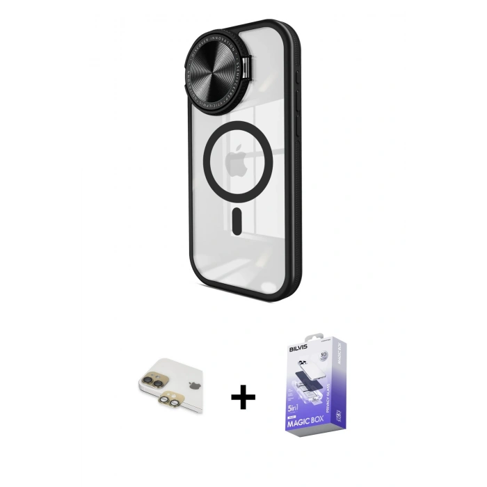MARSİLYAN™- iPhone 11 Kılıf Kıvılcım Modern Koleksiyonu - Siyah Bilvis 5in1 5D Magic Hayalet Cam Ekran Koruyucu + Pers Alüminyum Kamera Lens - GD