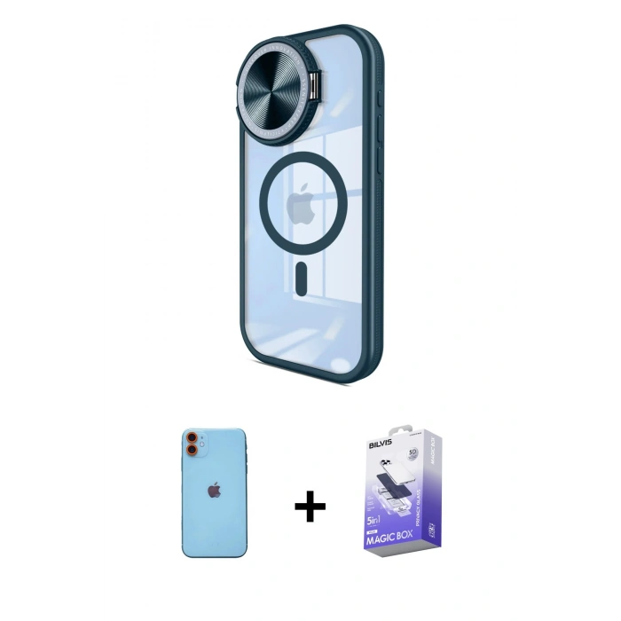 MARSİLYAN™- iPhone 11 Kılıf Kıvılcım Modern Koleksiyonu - Siyah Bilvis 5in1 5D Magic Hayalet Cam Ekran Koruyucu + Turuncu Neon Fosforlu Kamera Lens