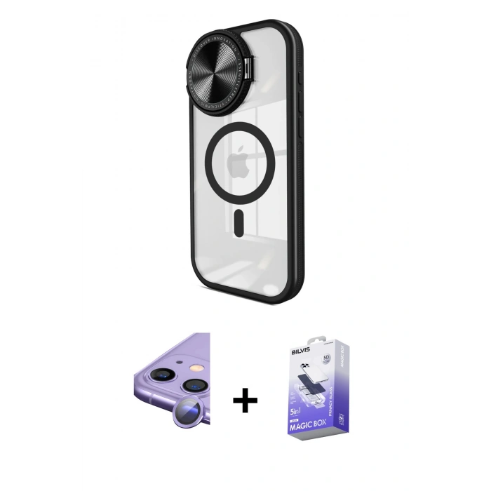 MARSİLYAN™- iPhone 11 Kılıf Kıvılcım Modern Koleksiyonu - Siyah Bilvis 5in1 5D Magic Hayalet Cam Ekran Koruyucu + Raze Metal Kamera Lens - MR