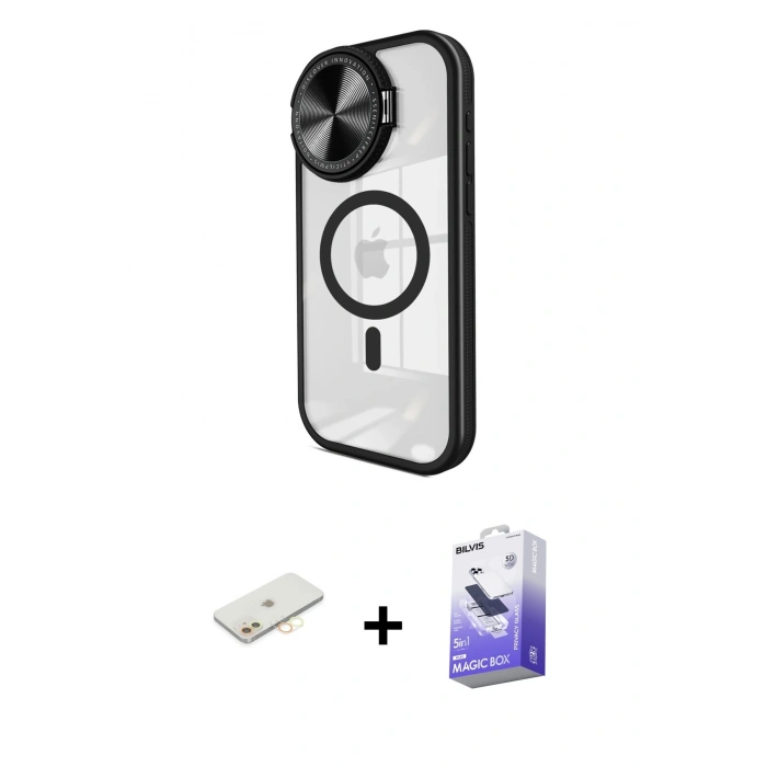 MARSİLYAN™- iPhone 11 Kılıf Kıvılcım Modern Koleksiyonu - Siyah Bilvis 5in1 5D Magic Hayalet Cam Ekran Koruyucu + Sarı Renkli Kamera Lens Koruma Cam