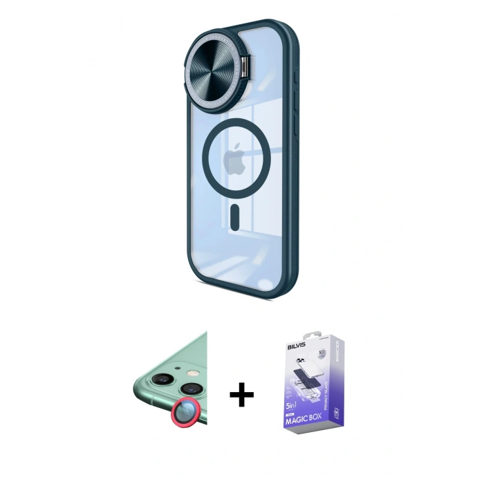 MARSİLYAN™- iPhone 11 Kılıf Kıvılcım Modern Koleksiyonu - Siyah Bilvis 5in1 5D Magic Hayalet Cam Ekran Koruyucu + Raze Metal Kamera Lens - KI