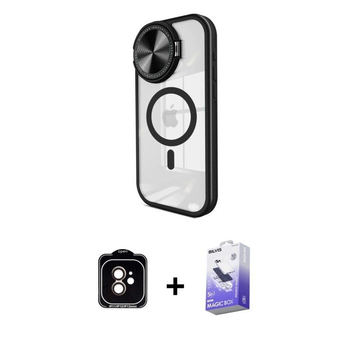 MARSİLYAN™- iPhone 11 Kılıf Kıvılcım Modern Koleksiyonu - Siyah Bilvis 5in1 5D Magic Hayalet Cam Ekran Koruyucu + PVD Metal Kamera Lens - TU