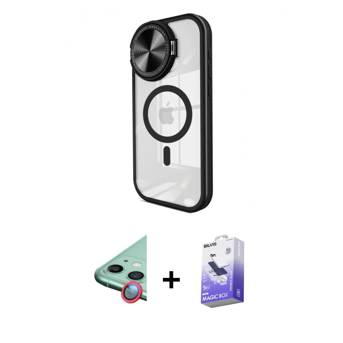 MARSİLYAN™- iPhone 11 Kılıf Kıvılcım Modern Koleksiyonu - Siyah Bilvis 5in1 5D Magic Hayalet Cam Ekran Koruyucu + Raze Metal Kamera Lens - KI