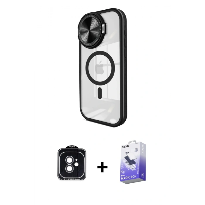 MARSİLYAN™- iPhone 11 Kılıf Kıvılcım Modern Koleksiyonu - Siyah Bilvis 5in1 5D Magic Hayalet Cam Ekran Koruyucu + PVD Metal Kamera Lens - SH