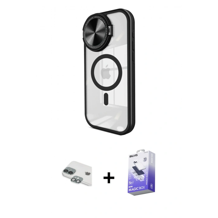 MARSİLYAN™- iPhone 11 Kılıf Kıvılcım Modern Koleksiyonu - Siyah Bilvis 5in1 5D Magic Hayalet Cam Ekran Koruyucu + Pers Alüminyum Kamera Lens - YL