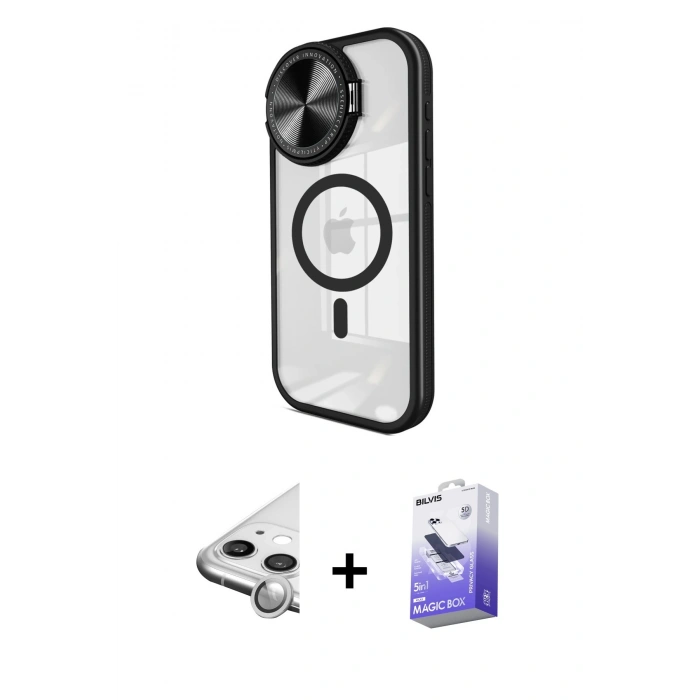MARSİLYAN™- iPhone 11 Kılıf Kıvılcım Modern Koleksiyonu - Siyah Bilvis 5in1 5D Magic Hayalet Cam Ekran Koruyucu + Raze Metal Kamera Lens - GS