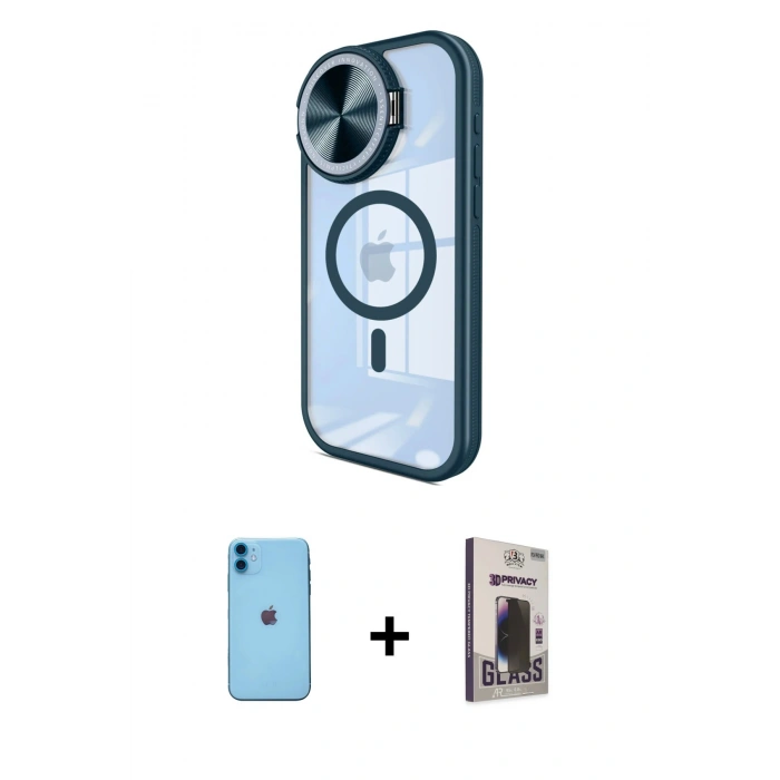 MARSİLYAN™- iPhone 11 Kılıf Kıvılcım Modern Koleksiyonu - Siyah Bilvis Hayalet Cam Ekran Koruyucu + Neon Fosforlu Kamera Lens - MI