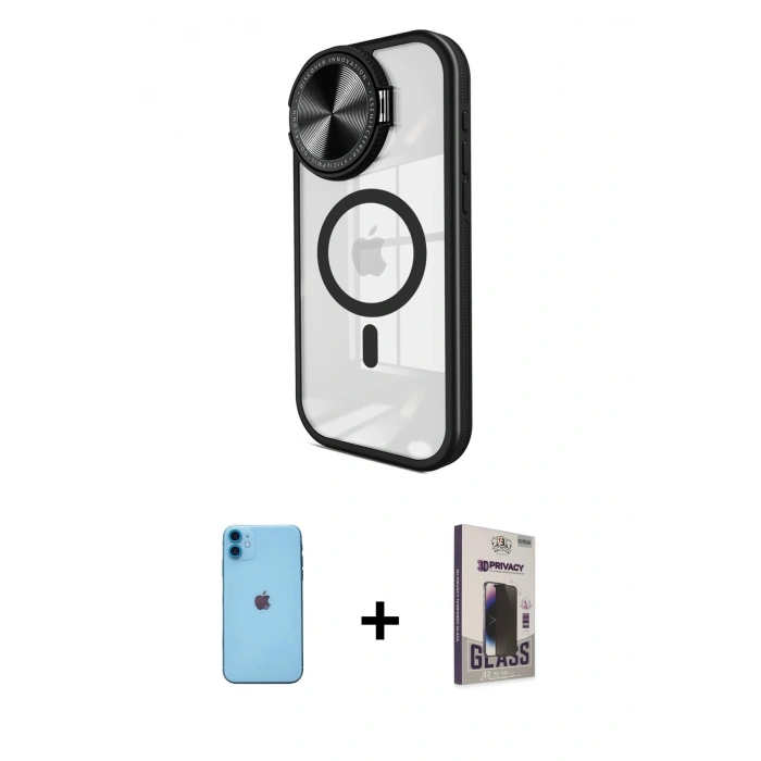 MARSİLYAN™- iPhone 11 Kılıf Kıvılcım Modern Koleksiyonu - Siyah Bilvis Hayalet Cam Ekran Koruyucu + Neon Fosforlu Kamera Lens - MI