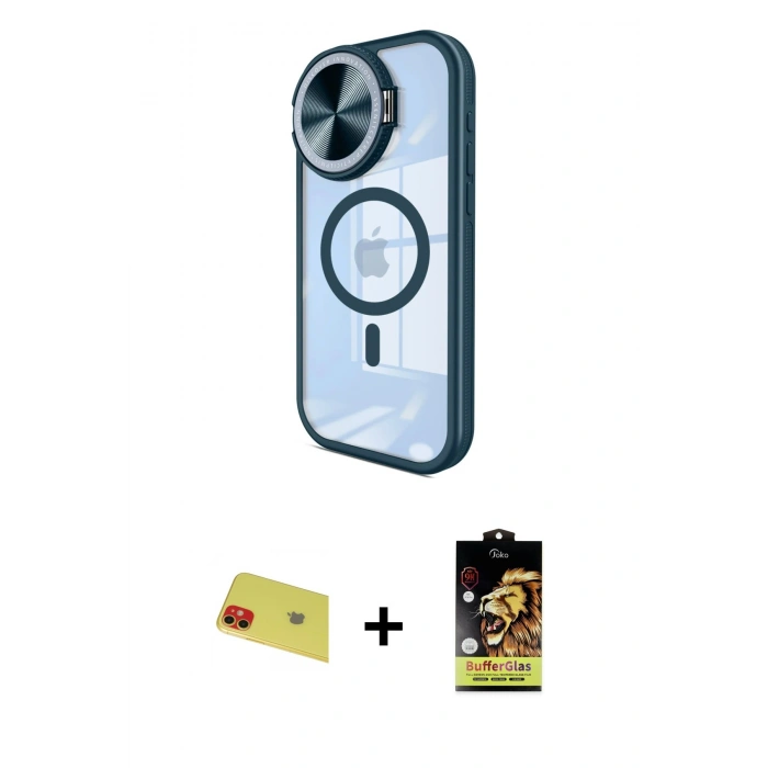 MARSİLYAN™- iPhone 11 Kılıf Kıvılcım Modern Koleksiyonu - Siyah Buffer Cam Ekran Koruyucu + Rainbow Kamera Lens Koruma Cam - KI