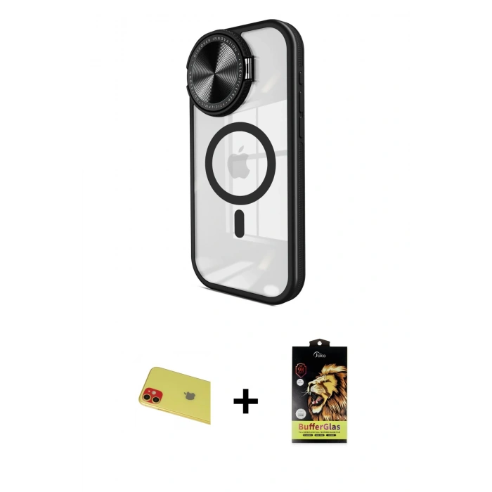 MARSİLYAN™- iPhone 11 Kılıf Kıvılcım Modern Koleksiyonu - Siyah Buffer Cam Ekran Koruyucu + Rainbow Kamera Lens Koruma Cam - KI