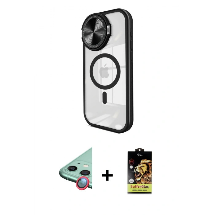 MARSİLYAN™- iPhone 11 Kılıf Kıvılcım Modern Koleksiyonu - Siyah Buffer Cam Ekran Koruyucu + Kırmızı Raze Metal Kamera Lens