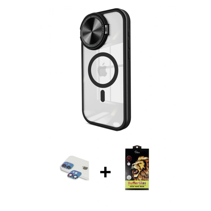 MARSİLYAN™- iPhone 11 Kılıf Kıvılcım Modern Koleksiyonu - Siyah Buffer Cam Ekran Koruyucu + Pers Alüminyum Kamera Lens - GI