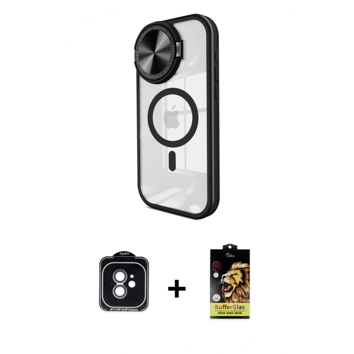 MARSİLYAN™- iPhone 11 Kılıf Kıvılcım Modern Koleksiyonu - Siyah Buffer Cam Ekran Koruyucu + PVD Metal Kamera Lens - YL