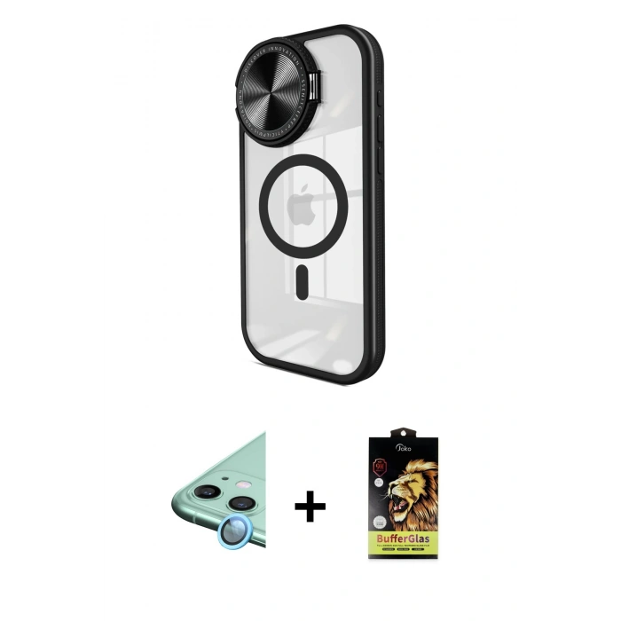 MARSİLYAN™- iPhone 11 Kılıf Kıvılcım Modern Koleksiyonu - Siyah Buffer Cam Ekran Koruyucu + Raze Metal Kamera Lens - MI