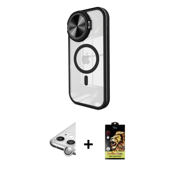 MARSİLYAN™- iPhone 11 Kılıf Kıvılcım Modern Koleksiyonu - Siyah Buffer Cam Ekran Koruyucu + Raze Metal Kamera Lens - GS