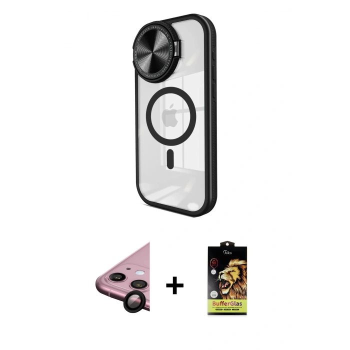 MARSİLYAN™- iPhone 11 Kılıf Kıvılcım Modern Koleksiyonu - Siyah Buffer Cam Ekran Koruyucu + Raze Metal Kamera Lens - SH