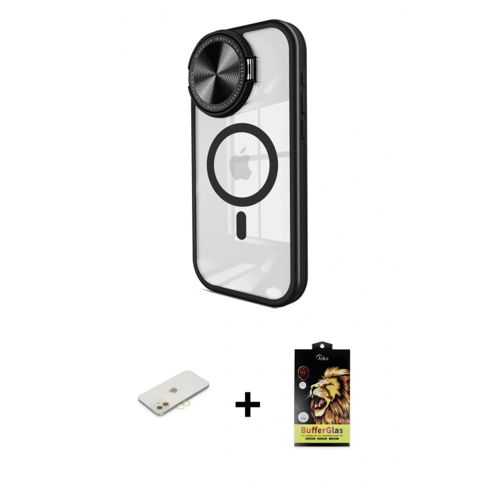 MARSİLYAN™- iPhone 11 Kılıf Kıvılcım Modern Koleksiyonu - Siyah Buffer Cam Ekran Koruyucu + Renkli Kamera Lens Koruma Cam - TU