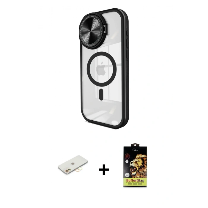 MARSİLYAN™- iPhone 11 Kılıf Kıvılcım Modern Koleksiyonu - Siyah Buffer Cam Ekran Koruyucu + Renkli Kamera Lens Koruma Cam - SI