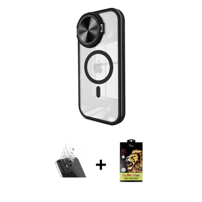 MARSİLYAN™- iPhone 11 Kılıf Kıvılcım Modern Koleksiyonu - Siyah Buffer Cam Ekran Koruyucu + Şeffaf Kamera Lens Koruma Cam