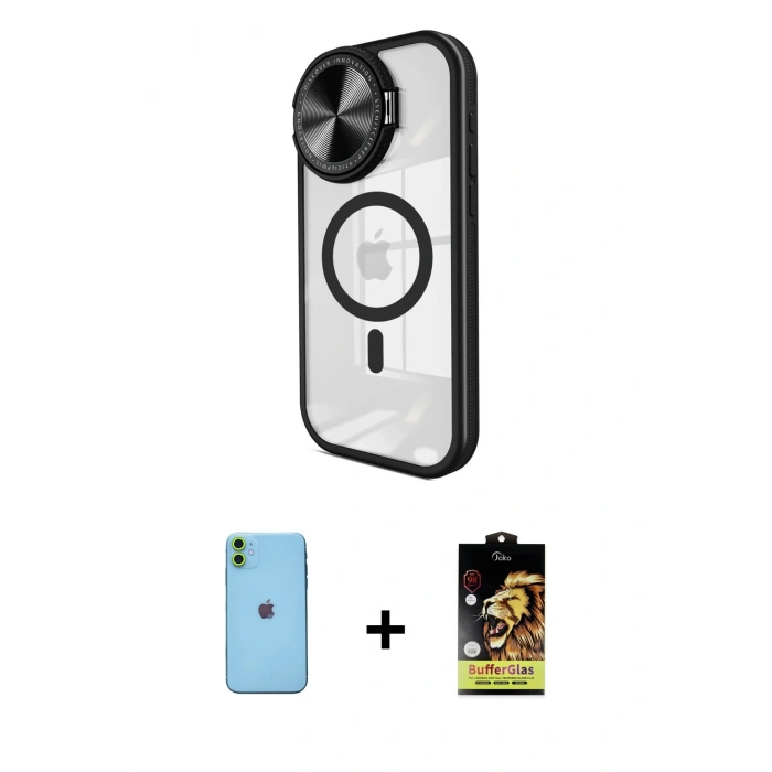 MARSİLYAN™- iPhone 11 Kılıf Kıvılcım Modern Koleksiyonu - Siyah Buffer Cam Ekran Koruyucu + Yeşil Neon Fosforlu Kamera Lens