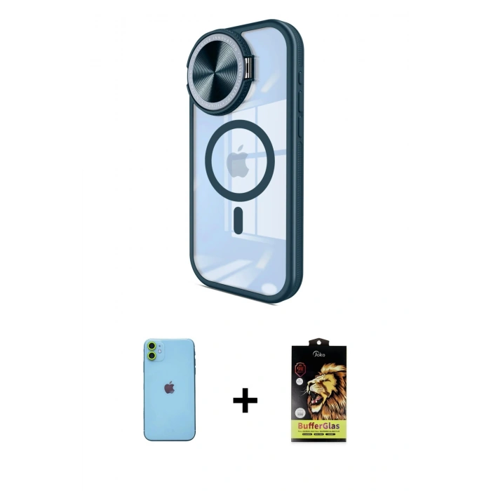 MARSİLYAN™- iPhone 11 Kılıf Kıvılcım Modern Koleksiyonu - Siyah Buffer Cam Ekran Koruyucu + Yeşil Neon Fosforlu Kamera Lens