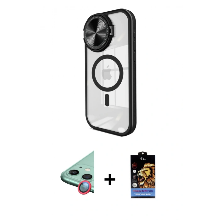 MARSİLYAN™- iPhone 11 Kılıf Kıvılcım Modern Koleksiyonu - Siyah Buffer Hayalet Cam Ekran Koruyucu + Raze Metal Kamera Lens - KI
