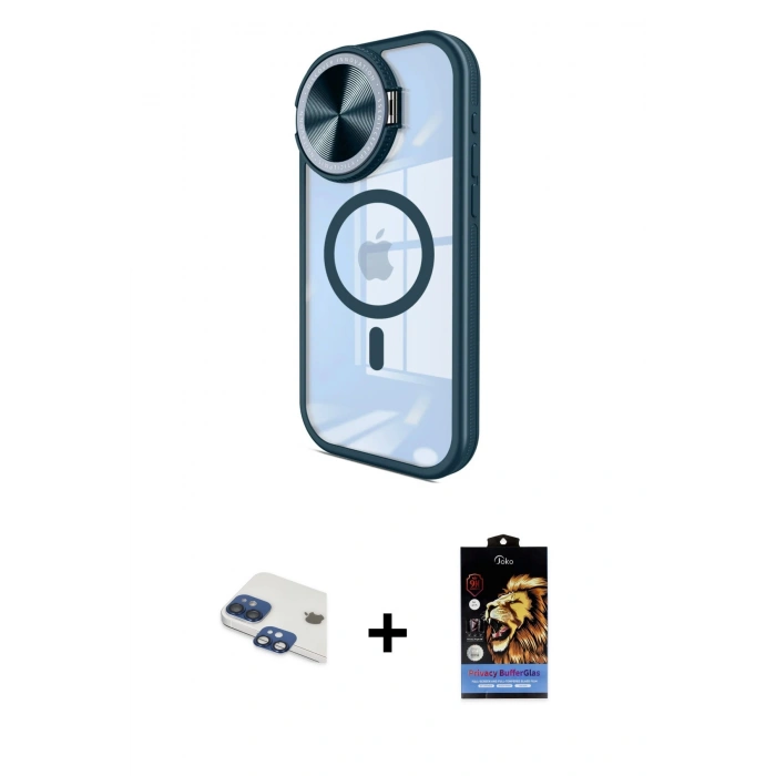 MARSİLYAN™- iPhone 11 Kılıf Kıvılcım Modern Koleksiyonu - Siyah Buffer Hayalet Cam Ekran Koruyucu + Lacivert Pers Alüminyum Kamera Lens