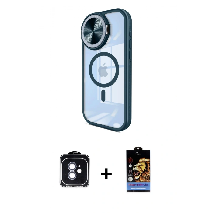 MARSİLYAN™- iPhone 11 Kılıf Kıvılcım Modern Koleksiyonu - Siyah Buffer Hayalet Cam Ekran Koruyucu + Mavi PVD Metal Kamera Lens