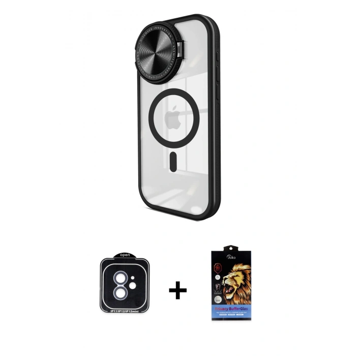 MARSİLYAN™- iPhone 11 Kılıf Kıvılcım Modern Koleksiyonu - Siyah Buffer Hayalet Cam Ekran Koruyucu + Mavi PVD Metal Kamera Lens