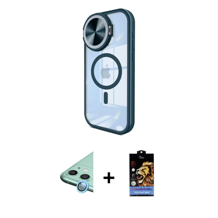MARSİLYAN™- iPhone 11 Kılıf Kıvılcım Modern Koleksiyonu - Siyah Buffer Hayalet Cam Ekran Koruyucu + Mavi Raze Metal Kamera Lens