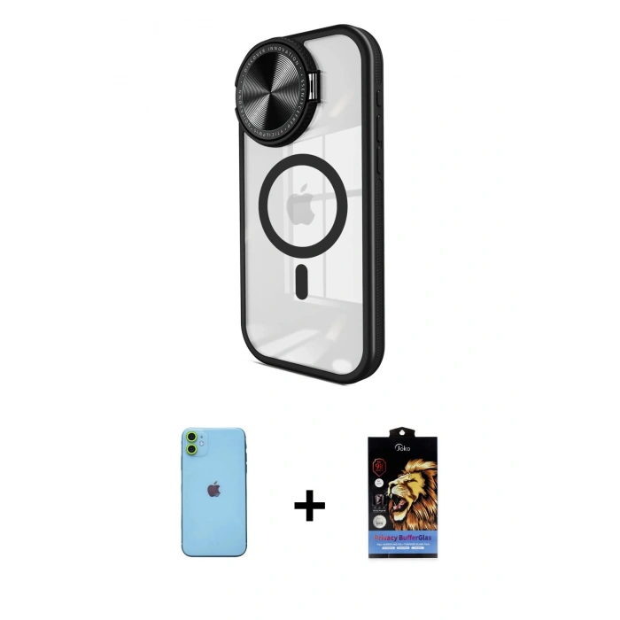 MARSİLYAN™- iPhone 11 Kılıf Kıvılcım Modern Koleksiyonu - Siyah Buffer Hayalet Cam Ekran Koruyucu + Neon Fosforlu Kamera Lens - YL