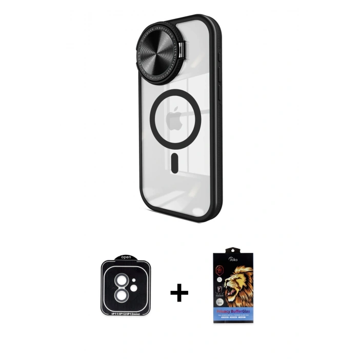 MARSİLYAN™- iPhone 11 Kılıf Kıvılcım Modern Koleksiyonu - Siyah Buffer Hayalet Cam Ekran Koruyucu + PVD Metal Kamera Lens - YL