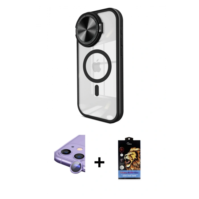 MARSİLYAN™- iPhone 11 Kılıf Kıvılcım Modern Koleksiyonu - Siyah Buffer Hayalet Cam Ekran Koruyucu + Raze Metal Kamera Lens - MR