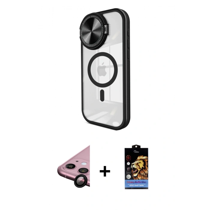 MARSİLYAN™- iPhone 11 Kılıf Kıvılcım Modern Koleksiyonu - Siyah Buffer Hayalet Cam Ekran Koruyucu + Raze Metal Kamera Lens - SH