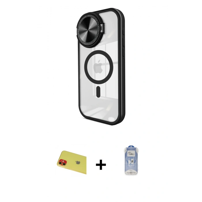 MARSİLYAN™- iPhone 11 Kılıf Kıvılcım Modern Koleksiyonu - Siyah Joko Magic 5D Cam + Kırmızı Rainbow Kamera Lens Koruma Cam