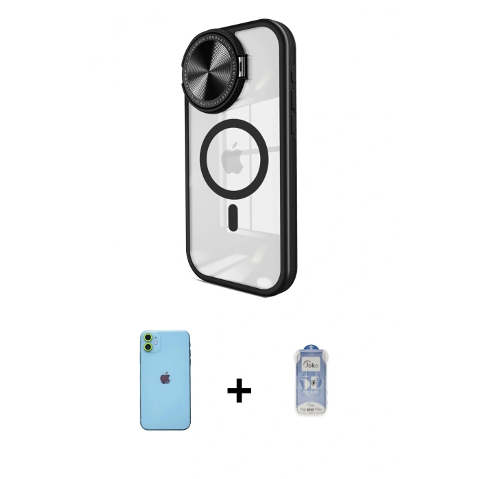 MARSİLYAN™- iPhone 11 Kılıf Kıvılcım Modern Koleksiyonu - Siyah Joko Magic 5D Cam + Neon Fosforlu Kamera Lens - YL