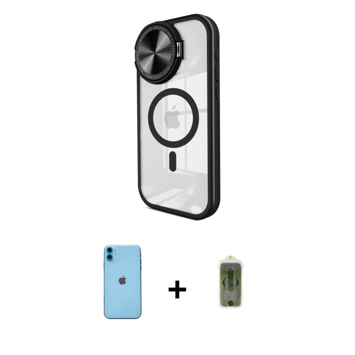 MARSİLYAN™- iPhone 11 Kılıf Kıvılcım Modern Koleksiyonu - Siyah Joko Magic 5D Hayalet Cam + Neon Fosforlu Kamera Lens - MI