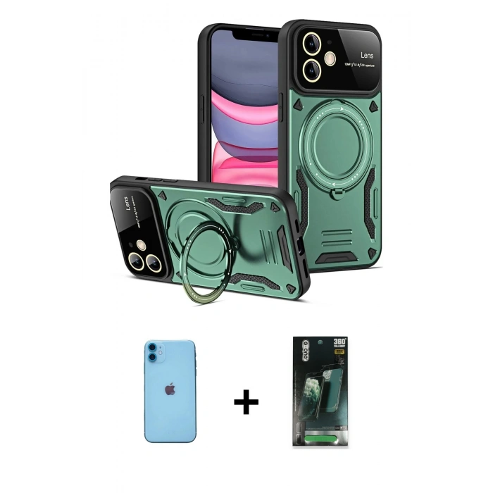 MARSİLYAN™- iPhone 11 Kılıf Kıvılcım Modern Serisi - Şeffaf 360 Full Body Arka Koruyucu + Neon Fosforlu Kamera Lens - MI
