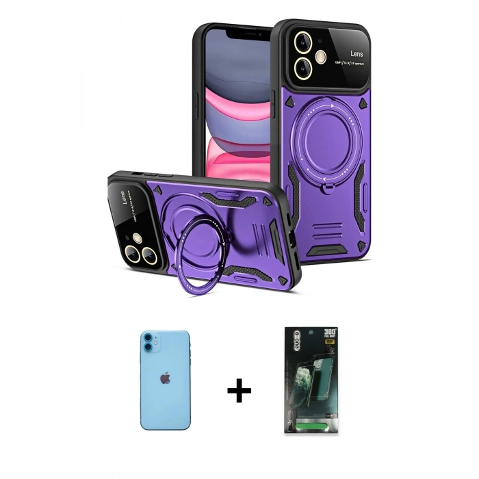 MARSİLYAN™- iPhone 11 Kılıf Kıvılcım Modern Serisi - Şeffaf 360 Full Body Arka Koruyucu + Neon Fosforlu Kamera Lens - MI