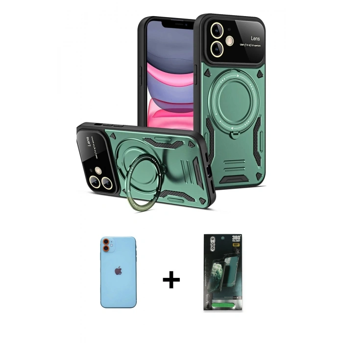 MARSİLYAN™- iPhone 11 Kılıf Kıvılcım Modern Serisi - Şeffaf 360 Full Body Arka Koruyucu + Neon Fosforlu Kamera Lens - TU