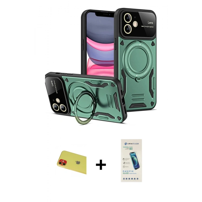 MARSİLYAN™- iPhone 11 Kılıf Kıvılcım Modern Serisi - Şeffaf Pasifik Cam Ekran Koruyucu + Kırmızı Rainbow Kamera Lens Koruma Cam
